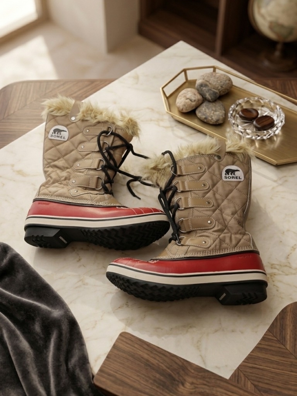 Sorel Beige Quilted Winter Boots with Red Toe